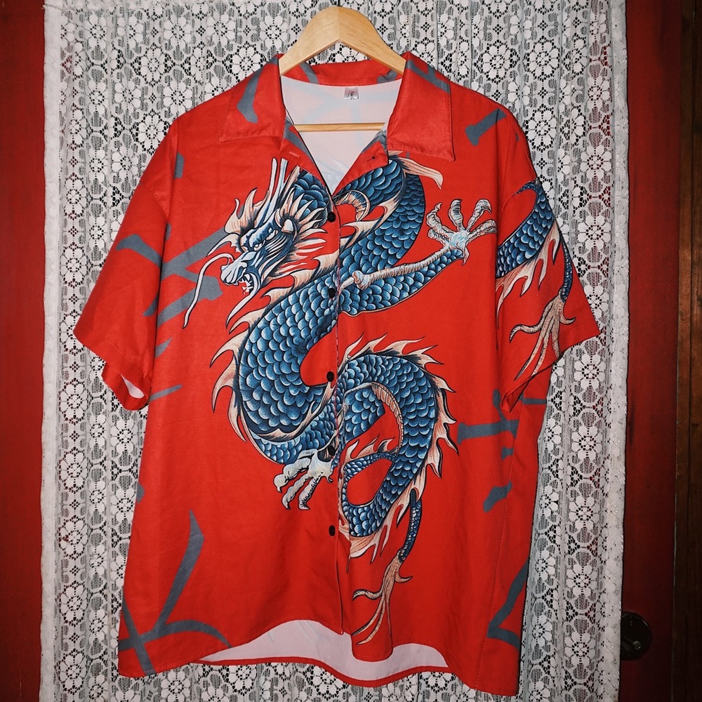 Red button up graphic shirt